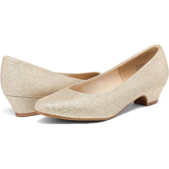 Dream Pairs Women's Gold/Glitter Closed Pointed Toe Low Chunky Heel Pump Shoes - Picture 3 of 7